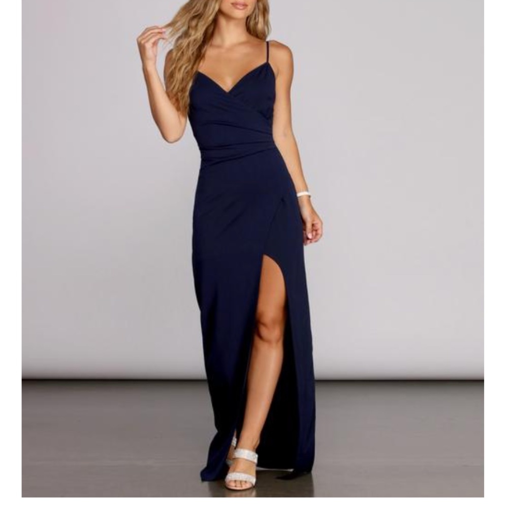 Sasha Formal High Slit Wrap Dress - NAVY / S